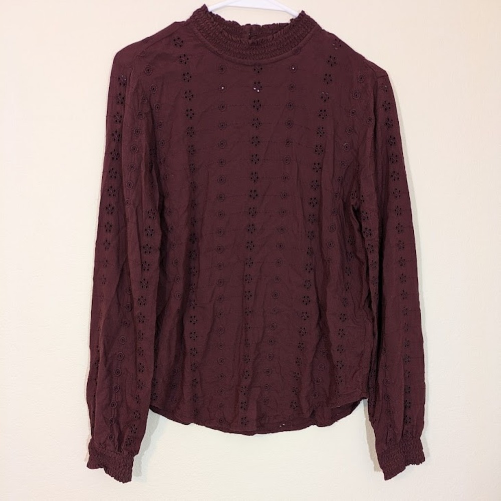 Boho H&M Embroidered Eyelet Long Sleeve‎ Blouse Burgundy